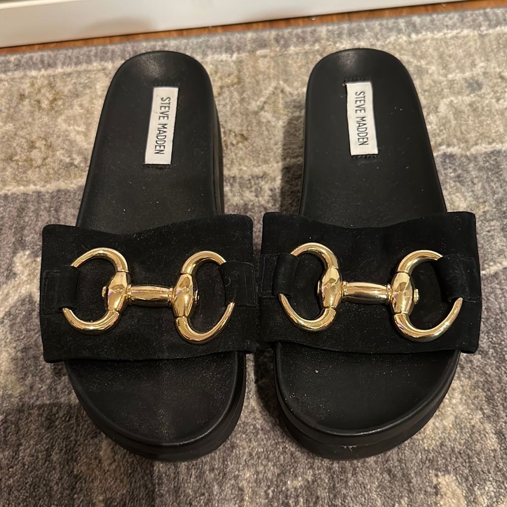 Black Steve Madden Jericho Horsebit Platform Slide Sandals 6